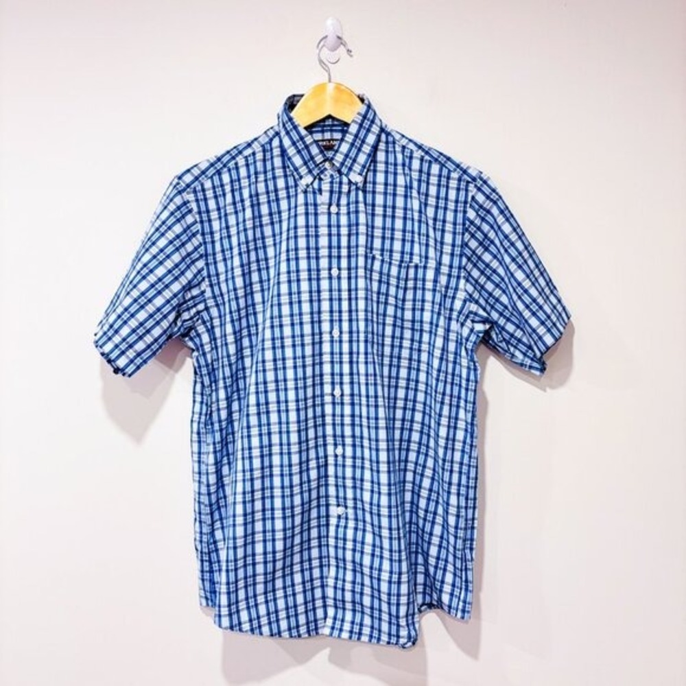 KIRKLAND Blue Plaid Short Sleeve Cotton Stretch Button-Down Shirt Small